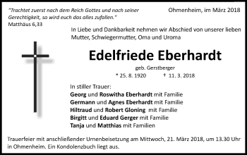 Traueranzeige von Edelfriede Eberhardt von Schwäbische Post