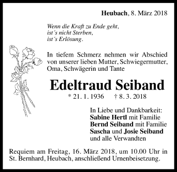 Traueranzeige von Edeltraud Seiband von Gmünder Tagespost