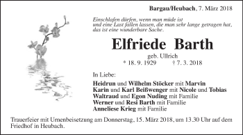 Traueranzeige von Elfriede Barth von Gmünder Tagespost