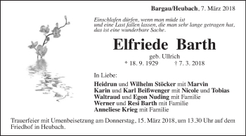 Traueranzeige von Elfriede Barth