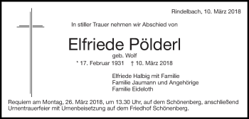 Traueranzeige von Elfriede Pölderl von Schwäbische Post