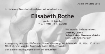 Traueranzeige von Elisabeth Rothe von Schwäbische Post