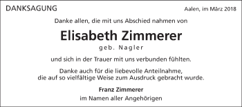 Traueranzeige von Elisabeth Zimmerer von Schwäbische Post