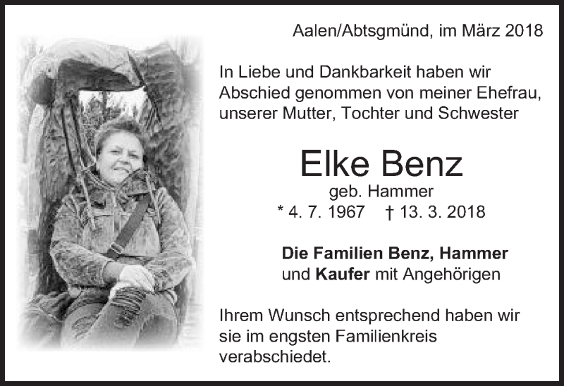  Traueranzeige für Elke Benz vom 20.03.2018 aus Schwäbische Post