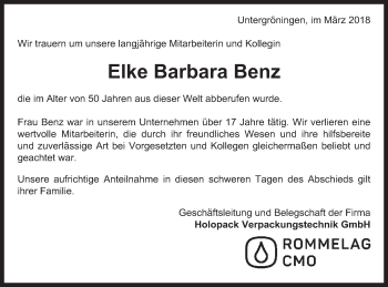 Traueranzeige von Elke Barbara Benz von Schwäbische Post