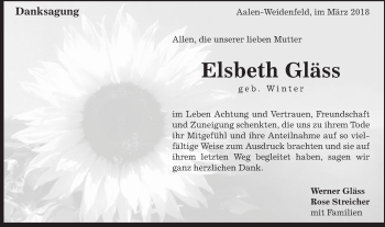 Traueranzeige von Elsbeth Gläss von Schwäbische Post