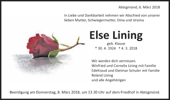 Traueranzeige von Else Lining von Schwäbische Post