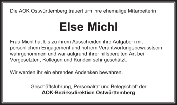 Traueranzeige von Else Michl von Schwäbische Post