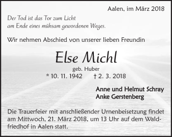 Traueranzeige von Else Michl von Schwäbische Post