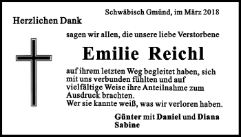 Traueranzeige von Emilie Reichl von Gmünder Tagespost