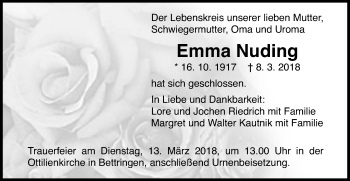 Traueranzeige von Emma Nuding von Gmünder Tagespost