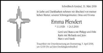 Traueranzeige von Emma Pfendert von Gmünder Tagespost