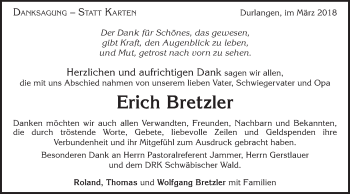 Traueranzeige von Erich Bretzler von Gmünder Tagespost