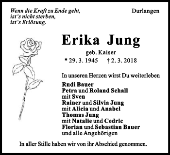 Traueranzeige von Erika Jung von Gmünder Tagespost