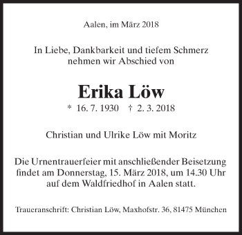 Traueranzeige von Erika Löw von Schwäbische Post