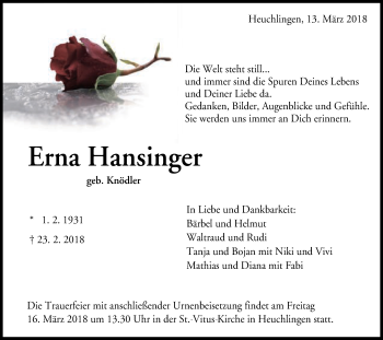 Traueranzeige von Erna Hansinger von Schwäbische Post