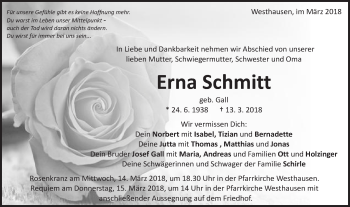 Traueranzeige von Erna Schmitt von Schwäbische Post