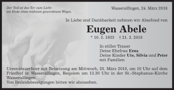 Traueranzeige von Eugen Abele von Schwäbische Post