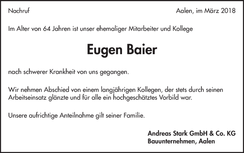  Traueranzeige für Eugen Baier vom 29.03.2018 aus Schwäbische Post