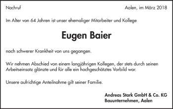 Traueranzeige von Eugen Baier von Schwäbische Post