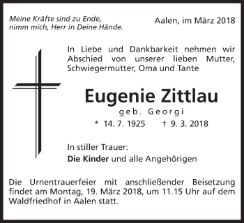 Traueranzeige von Eugenie Zittlau von Schwäbische Post