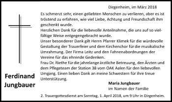 Traueranzeige von Ferdinand Jungbauer von Schwäbische Post