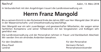 Traueranzeige von Franz Mangold von Schwäbische Post