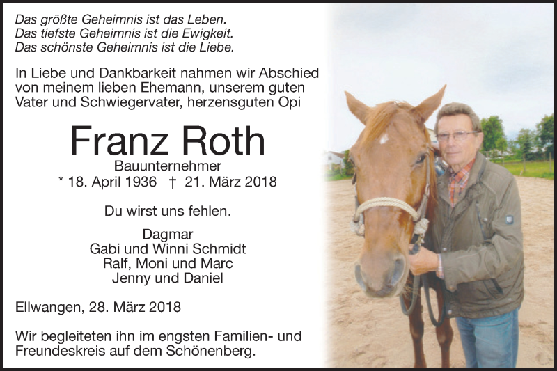  Traueranzeige für Franz Roth vom 28.03.2018 aus Schwäbische Post