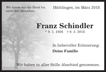 Traueranzeige von Franz Schindler von Schwäbische Post