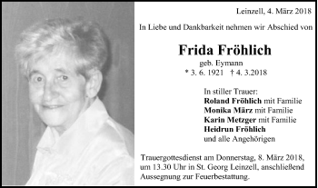 Traueranzeige von Frida Fröhlich von Gmünder Tagespost