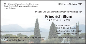 Traueranzeige von Friedrich Blum von Schwäbische Post