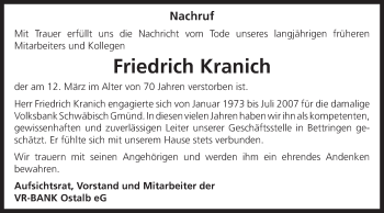Traueranzeige von Friedrich Kranich von Gmünder Tagespost
