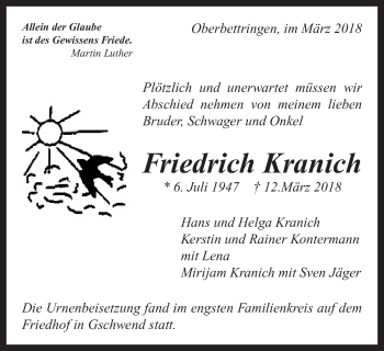 Traueranzeige von Friedrich Kranich von Gmünder Tagespost