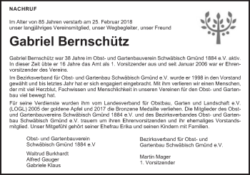 Traueranzeige von Gabriel Bernschütz von Gmünder Tagespost