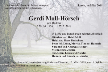 Traueranzeige von Gerdi Moll-Hörsch von Gmünder Tagespost