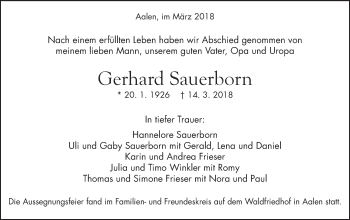 Traueranzeige von Gerhard Sauerborn von Schwäbische Post