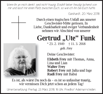 Traueranzeige von Gertrud Funk von Schwäbische Post