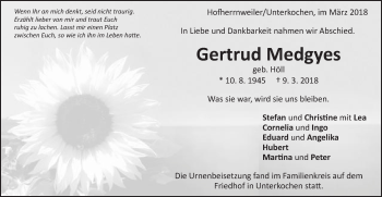 Traueranzeige von Gertrud Medgyes von Schwäbische Post