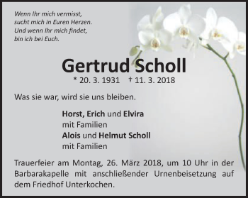 Traueranzeige von Gertrud Scholl von Schwäbische Post