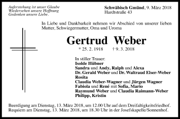 Traueranzeige von Gertrud Weber von Gmünder Tagespost