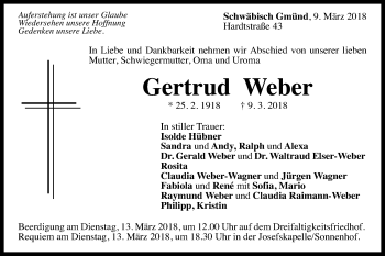 Traueranzeige von Gertrud Weber