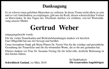 Traueranzeige von Gertrud Weber von Gmünder Tagespost