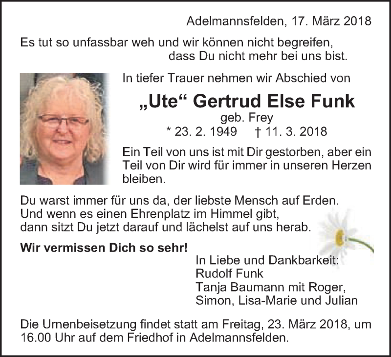  Traueranzeige für Gertrud Else Funk vom 17.03.2018 aus Schwäbische Post