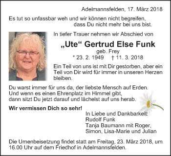 Traueranzeige von Gertrud Else Funk von Schwäbische Post