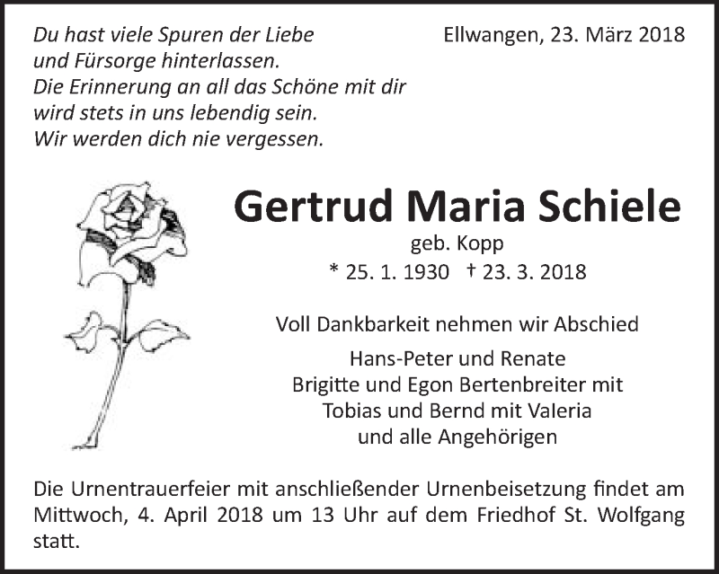  Traueranzeige für Gertrud Maria Schiele vom 27.03.2018 aus Schwäbische Post