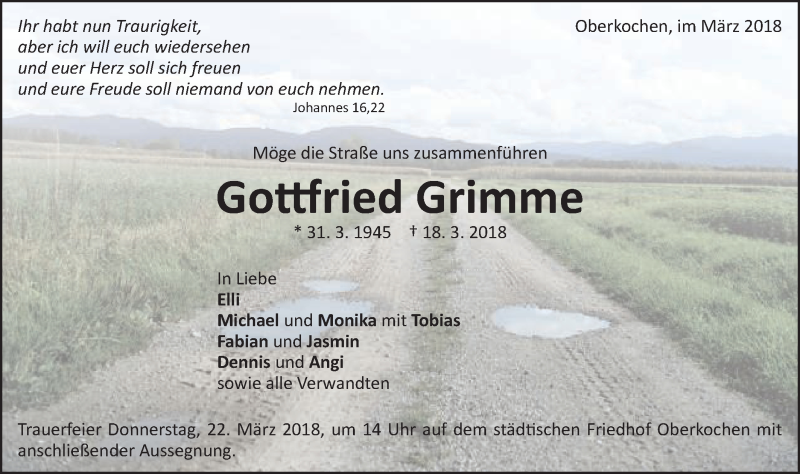 Traueranzeige für Gottfried Grimme vom 20.03.2018 aus Schwäbische Post