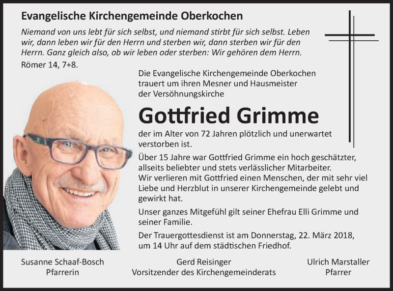  Traueranzeige für Gottfried Grimme vom 21.03.2018 aus Schwäbische Post