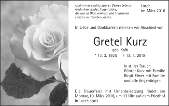 Traueranzeige von Gretel Kurz von Gmünder Tagespost
