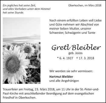 Traueranzeige von Gretl Bleibler von Schwäbische Post