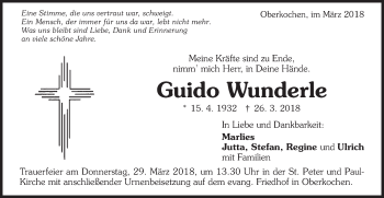 Traueranzeige von Guido Wunderle von Schwäbische Post